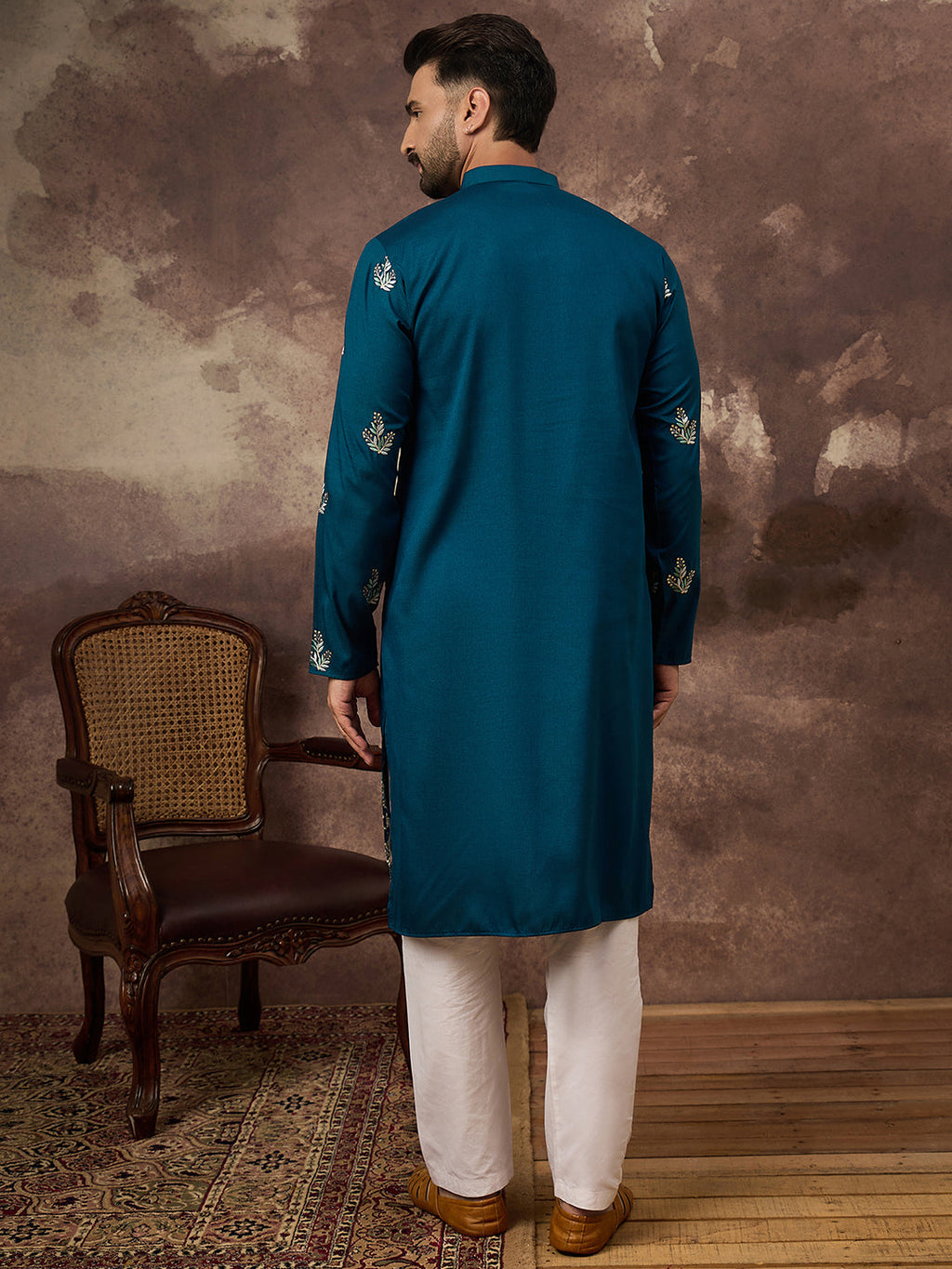 Men Blue Silk Blend Solid Embroidered Straight Kurta with Trouser-MKSET1344