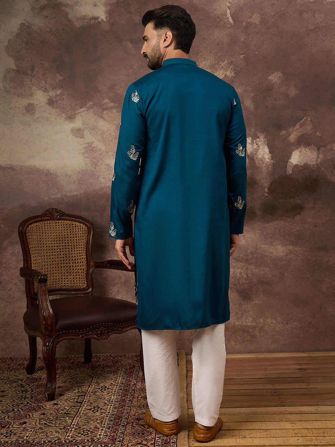 Men Blue Silk Blend Solid Embroidered Straight Kurta with Trouser-MKSET1344