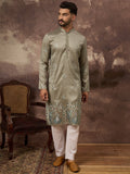 Men Green Silk Blend Solid Embroidered Straight Kurta with Trouser-MKSET1345