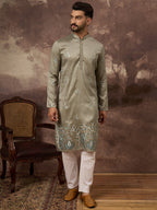 Men Green Silk Blend Solid Embroidered Straight Kurta with Trouser-MKSET1345