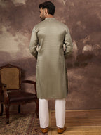 Men Green Silk Blend Solid Embroidered Straight Kurta with Trouser-MKSET1345