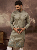 Men Green Silk Blend Solid Embroidered Straight Kurta with Trouser-MKSET1345