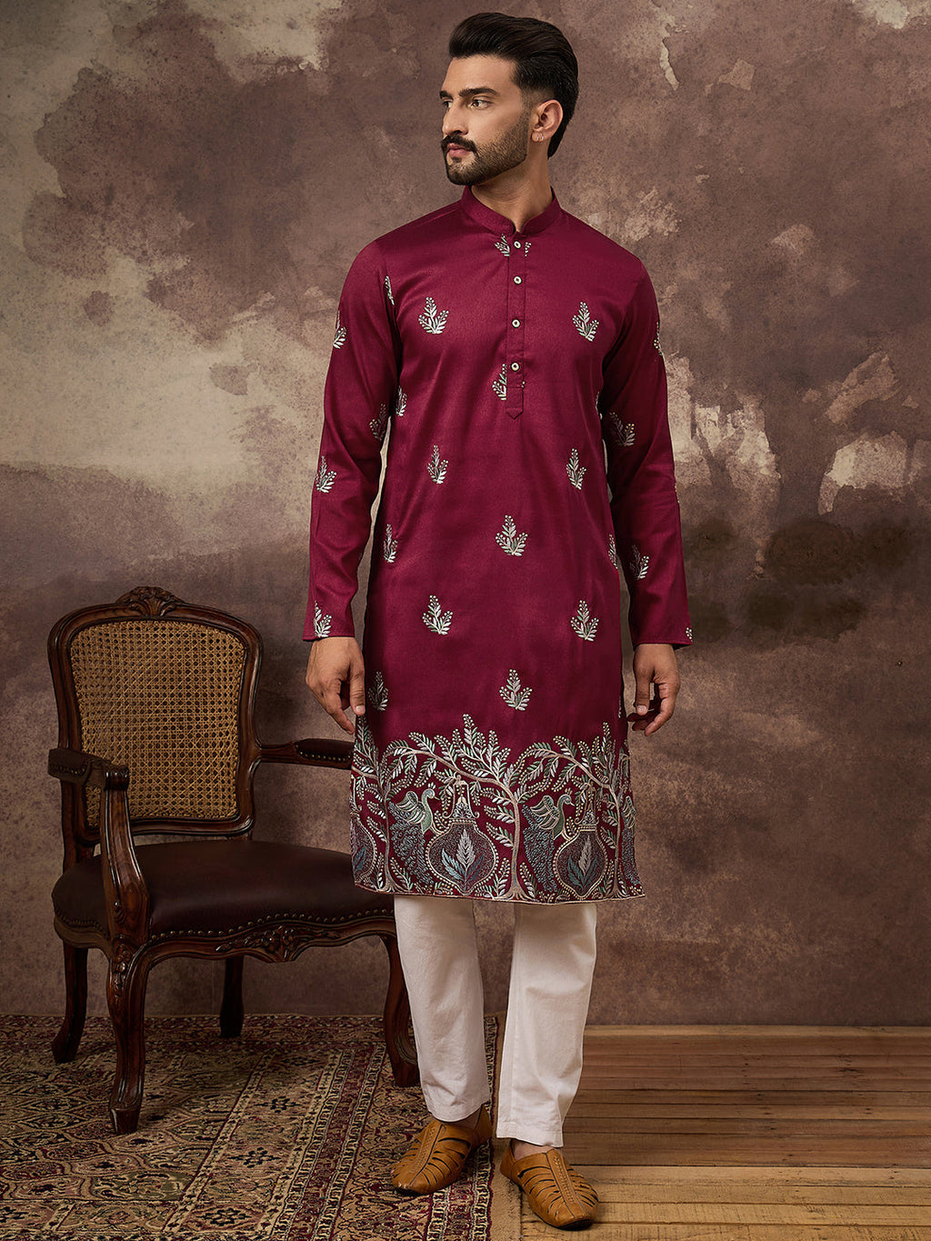 Men Maroon Silk Blend Solid Embroidered Straight Kurta with Trouser-MKSET1346