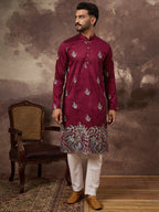 Men Maroon Silk Blend Solid Embroidered Straight Kurta with Trouser-MKSET1346