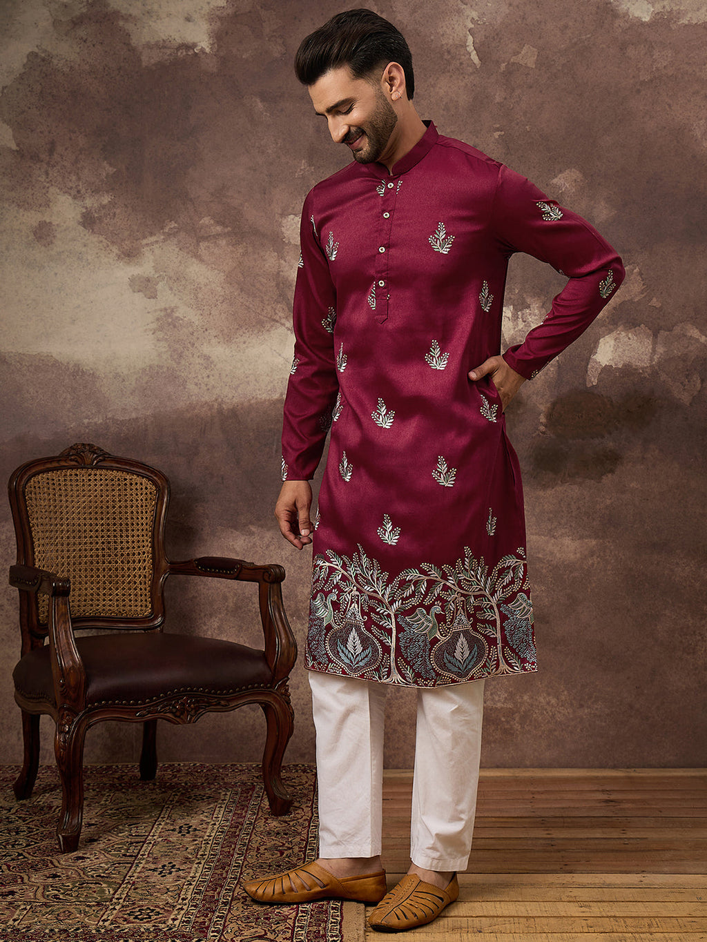 Men Maroon Silk Blend Solid Embroidered Straight Kurta with Trouser-MKSET1346