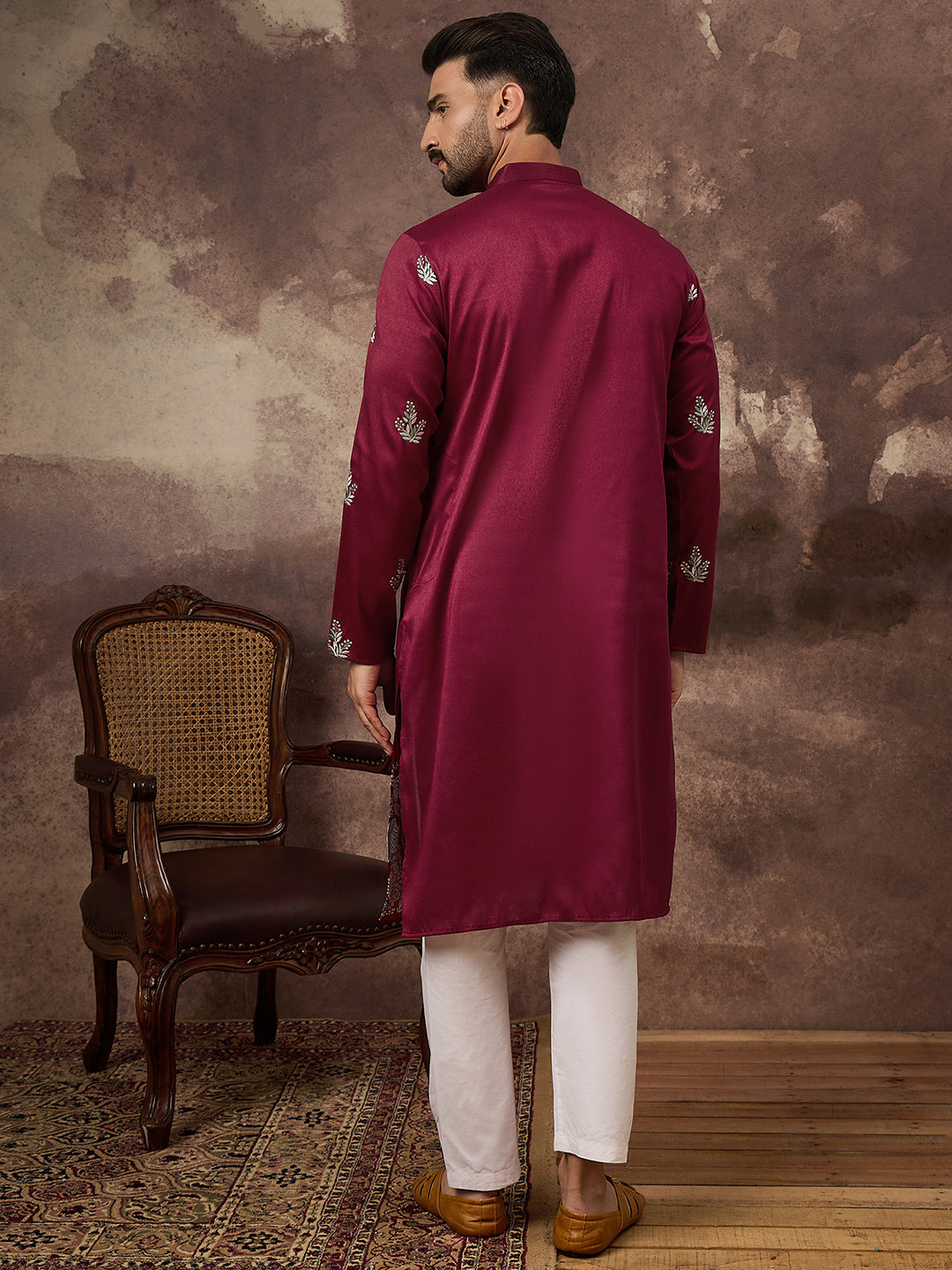 Men Maroon Silk Blend Solid Embroidered Straight Kurta with Trouser-MKSET1346