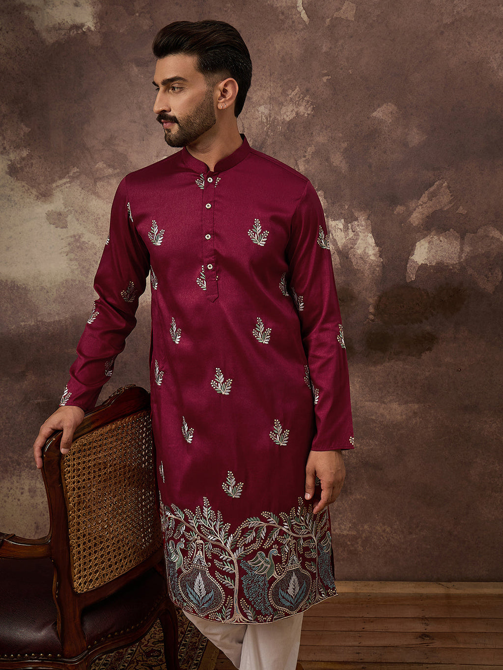 Men Maroon Silk Blend Solid Embroidered Straight Kurta with Trouser-MKSET1346