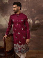 Men Maroon Silk Blend Solid Embroidered Straight Kurta with Trouser-MKSET1346