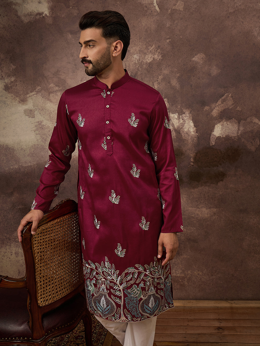 Men Maroon Silk Blend Solid Embroidered Straight Kurta with Trouser-MKSET1346