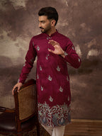 Men Maroon Silk Blend Solid Embroidered Straight Kurta with Trouser-MKSET1346