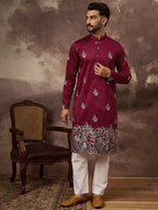 Men Maroon Silk Blend Solid Embroidered Straight Kurta with Trouser-MKSET1346