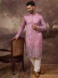 Men Pink Silk Blend Solid Embroidered Straight Kurta with Trouser-MKSET1347