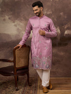 Men Pink Silk Blend Solid Embroidered Straight Kurta with Trouser-MKSET1347