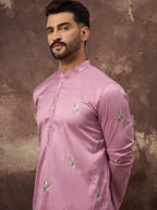 Men Pink Silk Blend Solid Embroidered Straight Kurta with Trouser-MKSET1347
