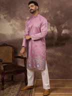Men Pink Silk Blend Solid Embroidered Straight Kurta with Trouser-MKSET1347