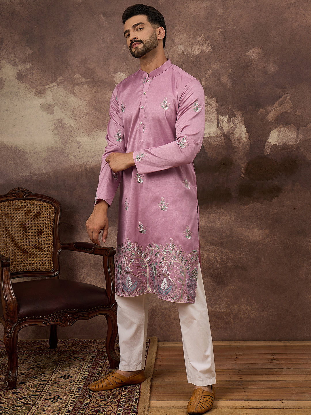 Men Pink Silk Blend Solid Embroidered Straight Kurta with Trouser-MKSET1347