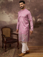 Men Pink Silk Blend Solid Embroidered Straight Kurta with Trouser-MKSET1347