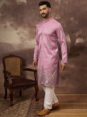 Men Pink Silk Blend Solid Embroidered Straight Kurta with Trouser-MKSET1347
