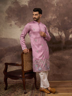 Men Pink Silk Blend Solid Embroidered Straight Kurta with Trouser-MKSET1347