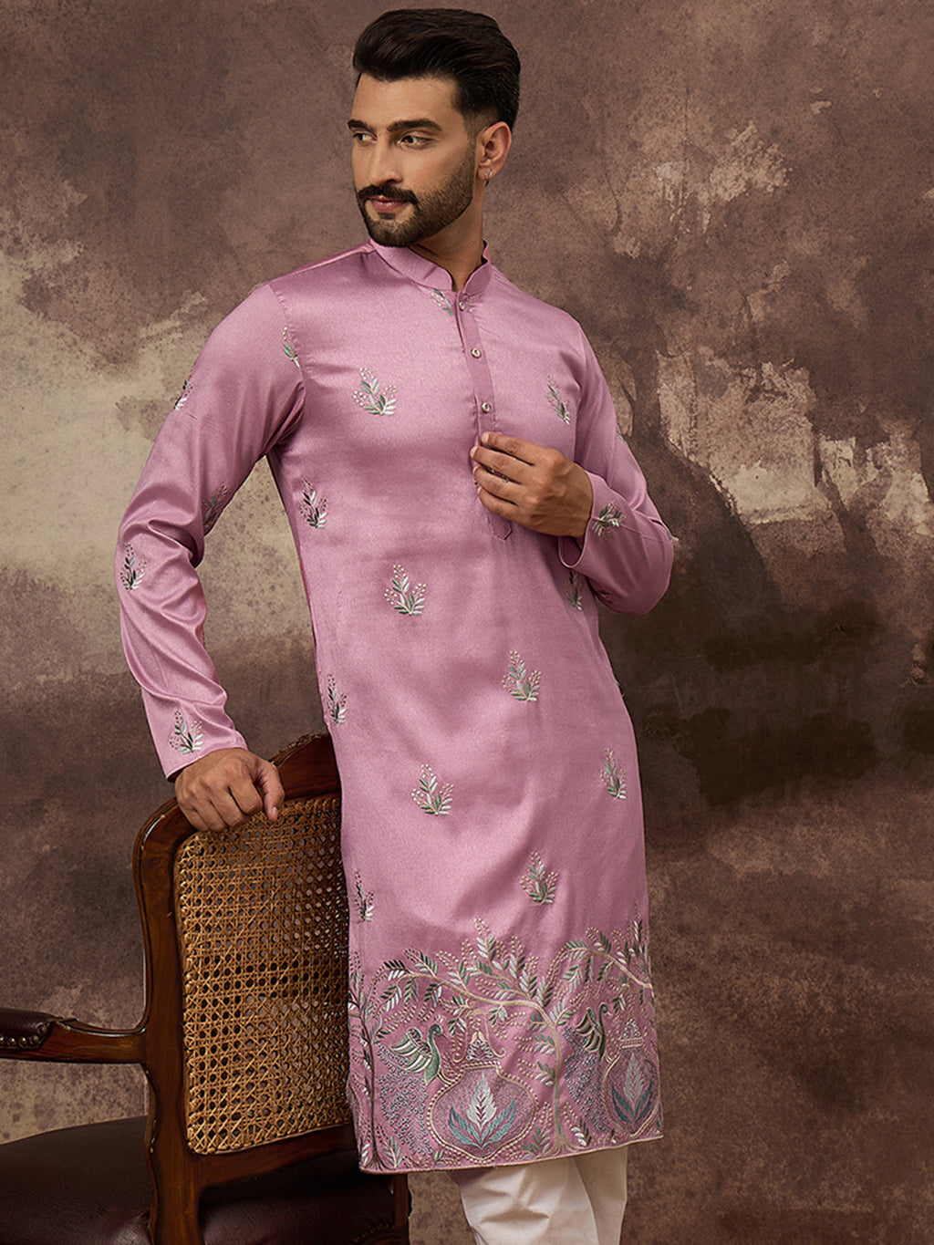 Men Pink Silk Blend Solid Embroidered Straight Kurta with Trouser-MKSET1347