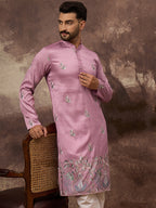 Men Pink Silk Blend Solid Embroidered Straight Kurta with Trouser-MKSET1347