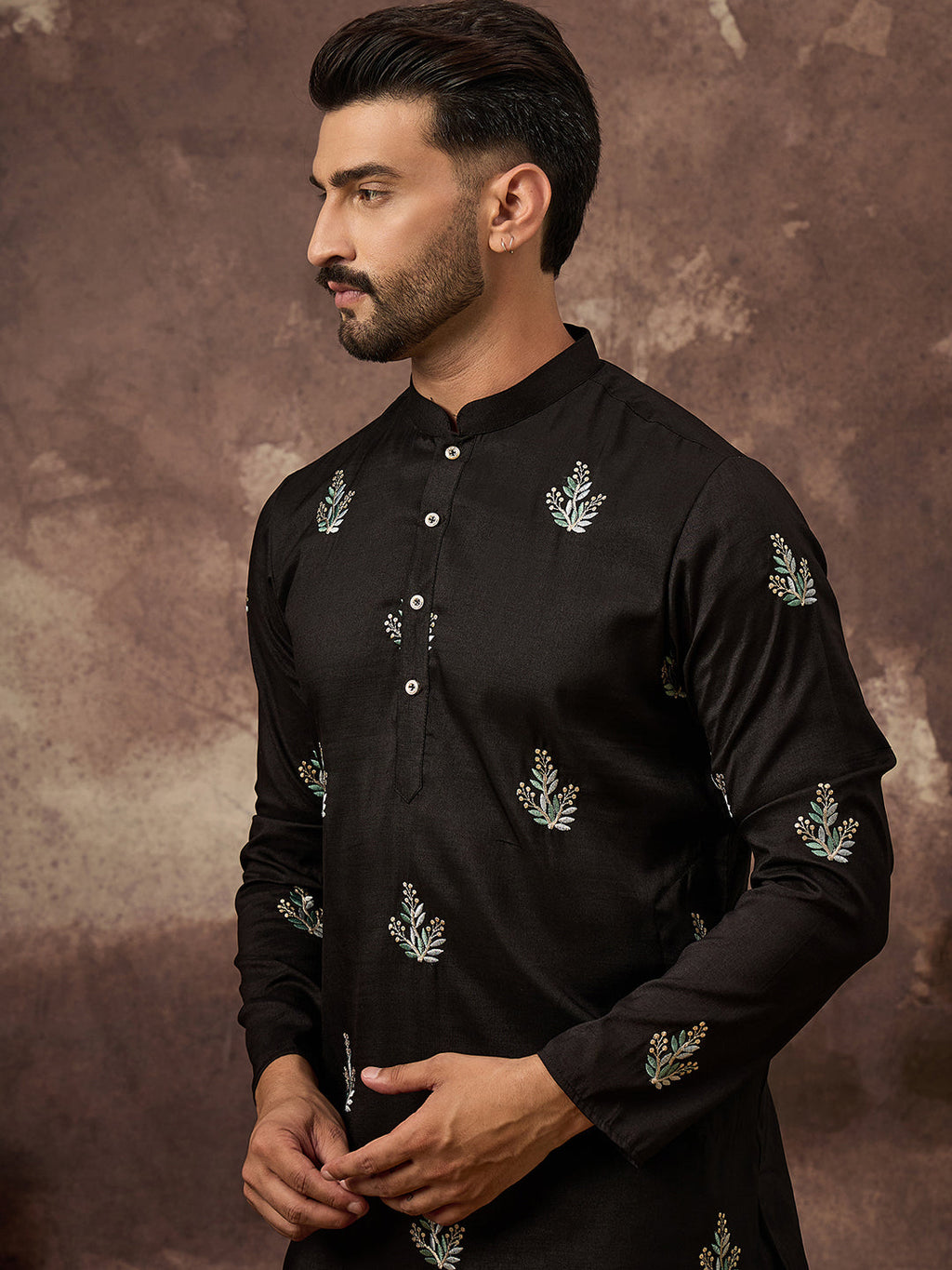 Men Black Silk Blend Solid Embroidered Straight Kurta with Trouser-MKSET1348
