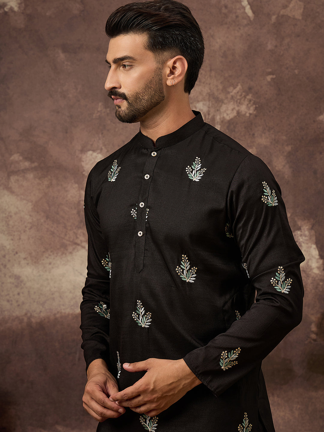 Men Black Silk Blend Solid Embroidered Straight Kurta with Trouser-MKSET1348