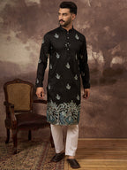 Men Black Silk Blend Solid Embroidered Straight Kurta with Trouser-MKSET1348
