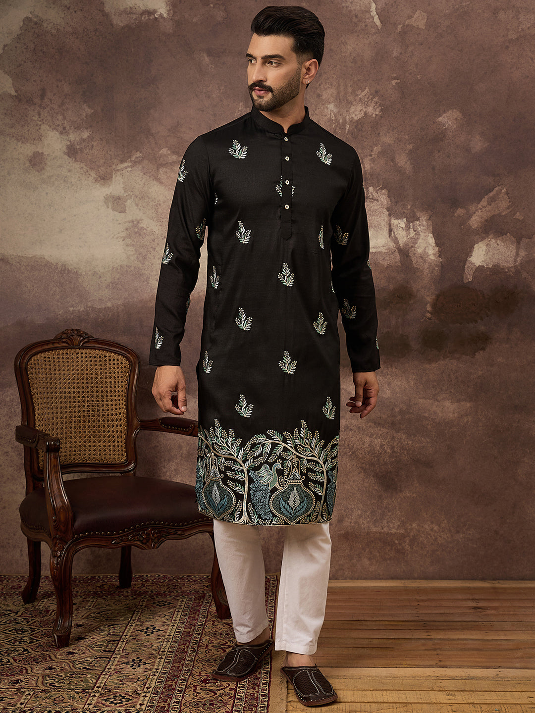 Men Black Silk Blend Solid Embroidered Straight Kurta with Trouser-MKSET1348