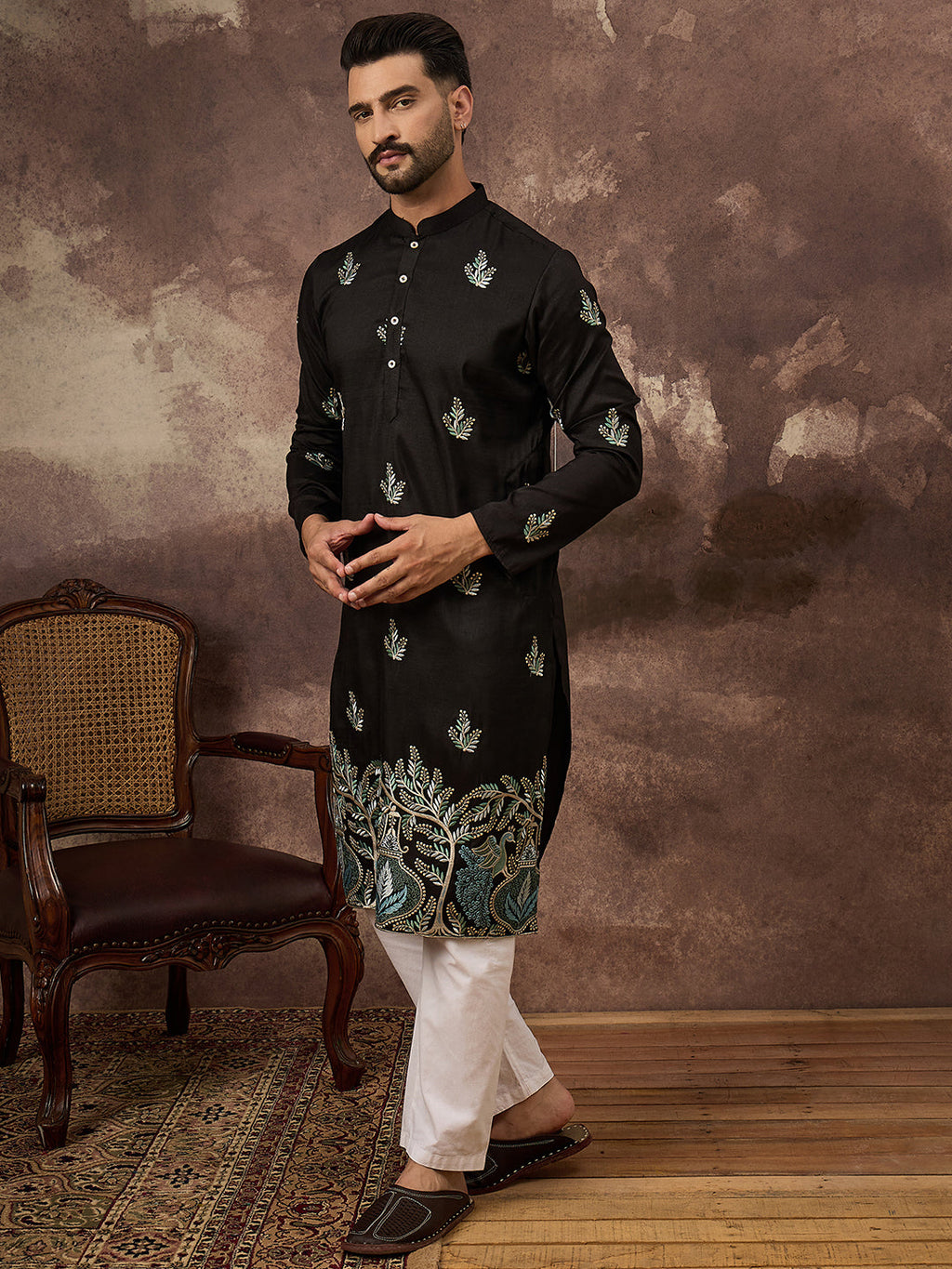 Men Black Silk Blend Solid Embroidered Straight Kurta with Trouser-MKSET1348