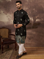Men Black Silk Blend Solid Embroidered Straight Kurta with Trouser-MKSET1348