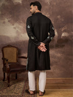 Men Black Silk Blend Solid Embroidered Straight Kurta with Trouser-MKSET1348