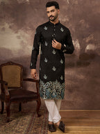 Men Black Silk Blend Solid Embroidered Straight Kurta with Trouser-MKSET1348