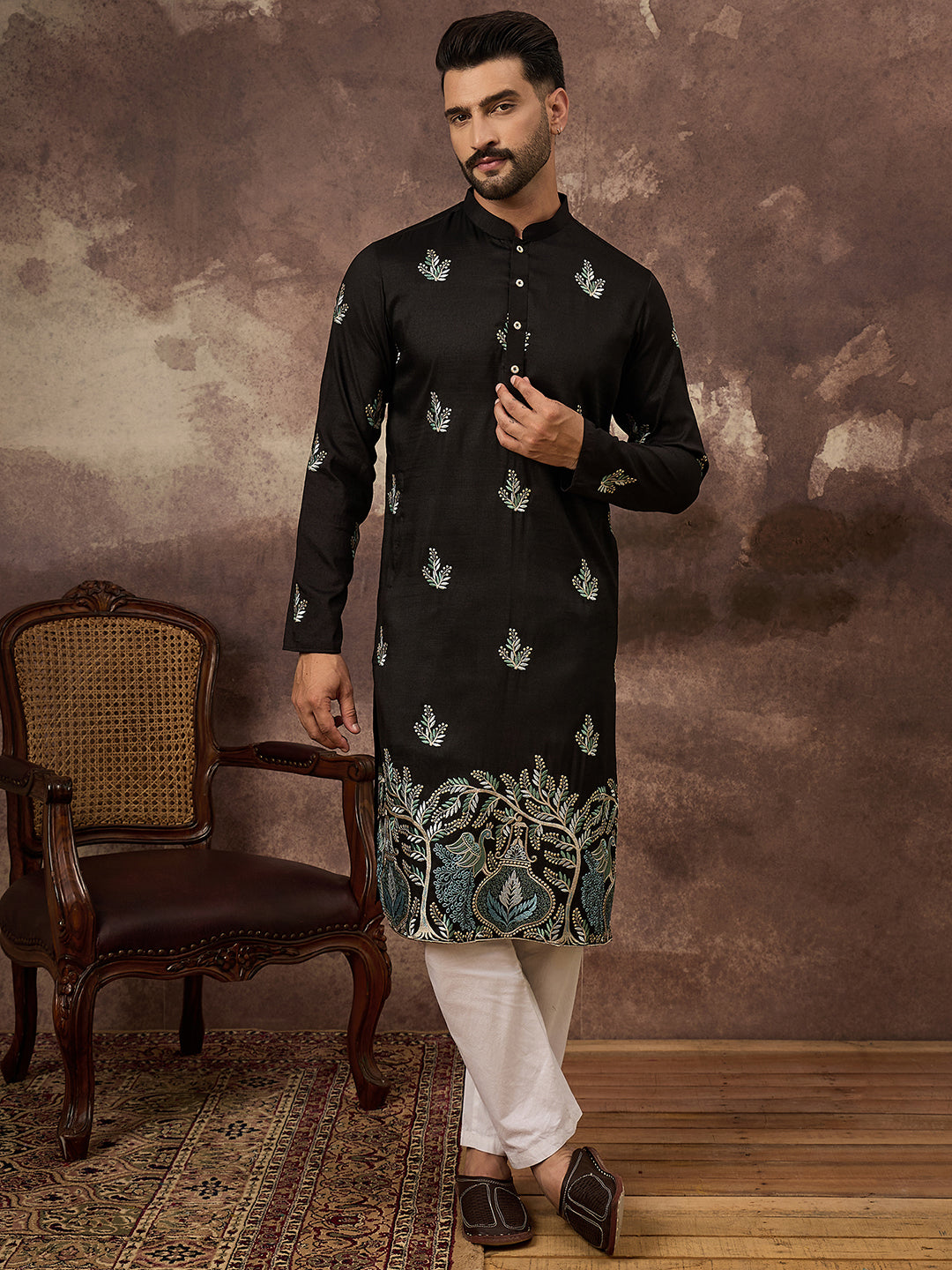Men Black Silk Blend Solid Embroidered Straight Kurta with Trouser-MKSET1348