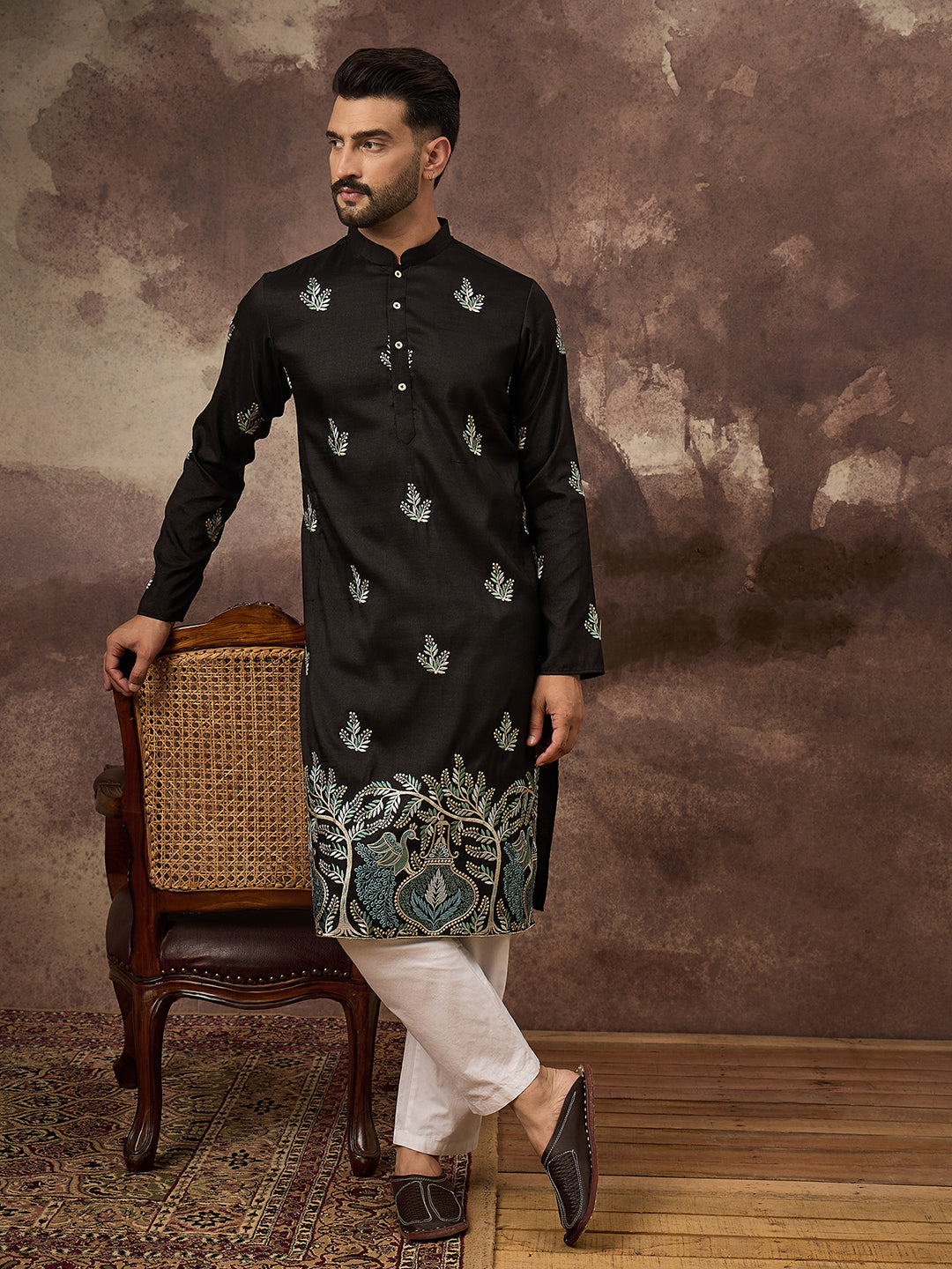 Men Black Silk Blend Solid Embroidered Straight Kurta with Trouser-MKSET1348