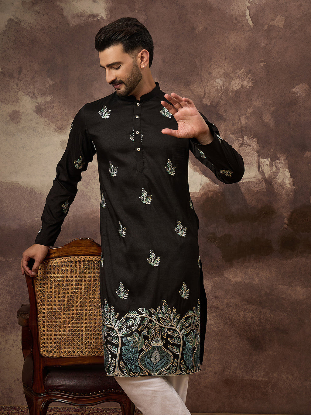 Men Black Silk Blend Solid Embroidered Straight Kurta with Trouser-MKSET1348