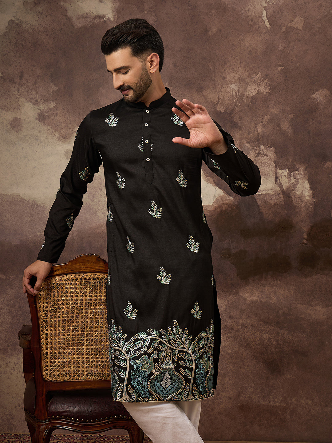 Men Black Silk Blend Solid Embroidered Straight Kurta with Trouser-MKSET1348