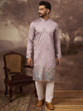 Men Lavender Silk Blend Solid Embroidered Straight Kurta with Trouser-MKSET1349