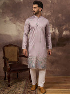Men Lavender Silk Blend Solid Embroidered Straight Kurta with Trouser-MKSET1349