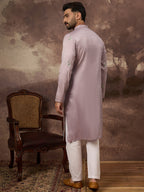 Men Lavender Silk Blend Solid Embroidered Straight Kurta with Trouser-MKSET1349