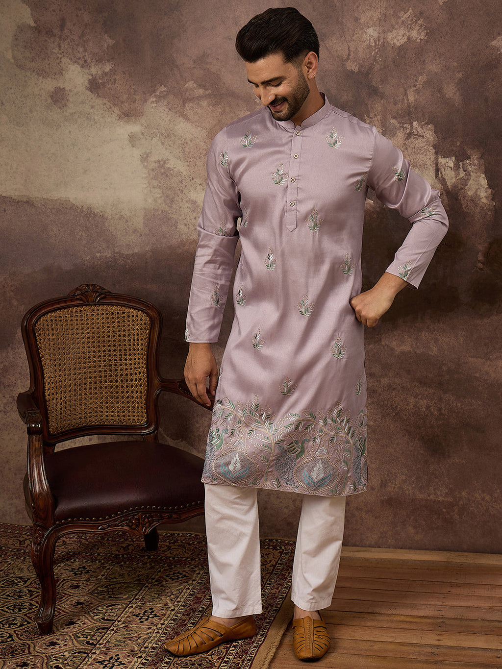 Men Lavender Silk Blend Solid Embroidered Straight Kurta with Trouser-MKSET1349
