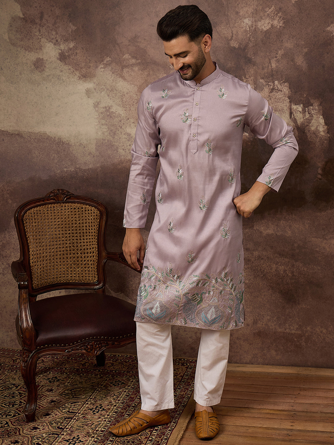Men Lavender Silk Blend Solid Embroidered Straight Kurta with Trouser-MKSET1349