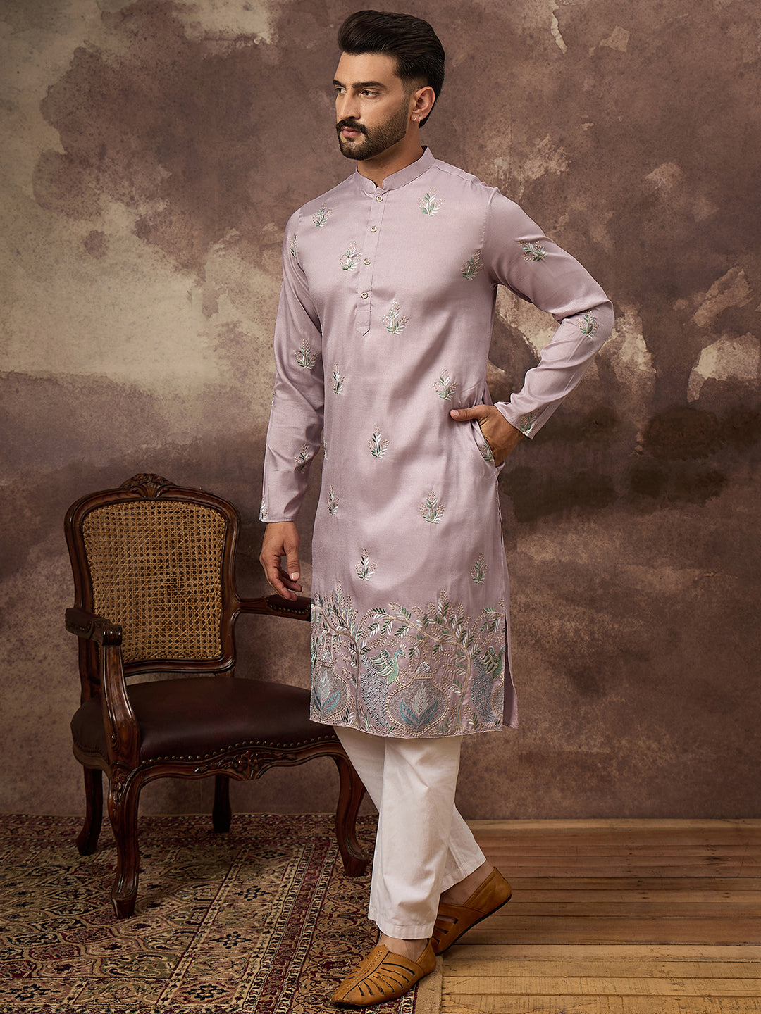Men Lavender Silk Blend Solid Embroidered Straight Kurta with Trouser-MKSET1349