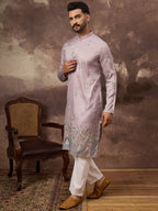 Men Lavender Silk Blend Solid Embroidered Straight Kurta with Trouser-MKSET1349