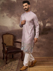 Men Lavender Silk Blend Solid Embroidered Straight Kurta with Trouser-MKSET1349