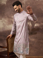 Men Lavender Silk Blend Solid Embroidered Straight Kurta with Trouser-MKSET1349