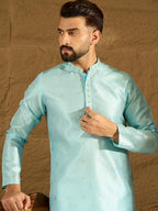 Men Blue Silk Blend Solid Woven Design Straight Kurta with Trouser-MKSET1350