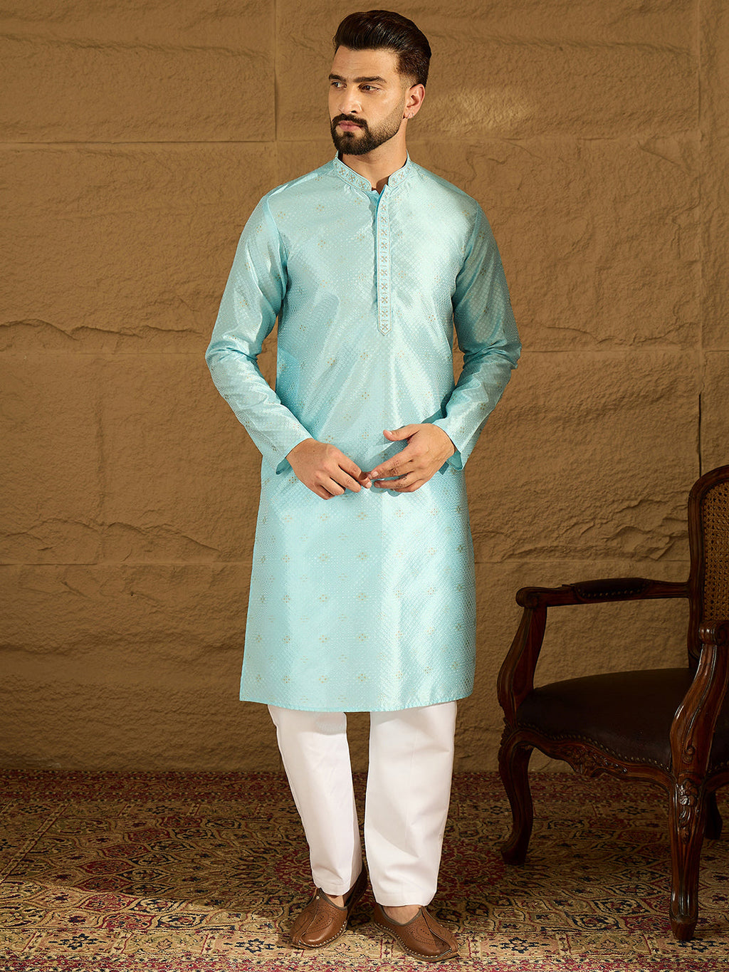 Men Blue Silk Blend Solid Woven Design Straight Kurta with Trouser-MKSET1350