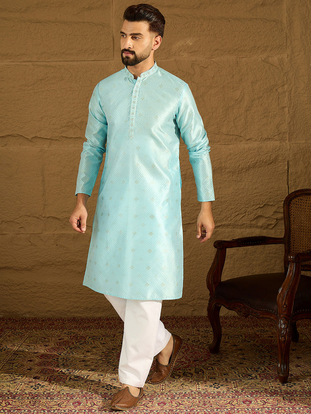 Men Blue Silk Blend Solid Woven Design Straight Kurta with Trouser-MKSET1350