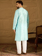 Men Blue Silk Blend Solid Woven Design Straight Kurta with Trouser-MKSET1350